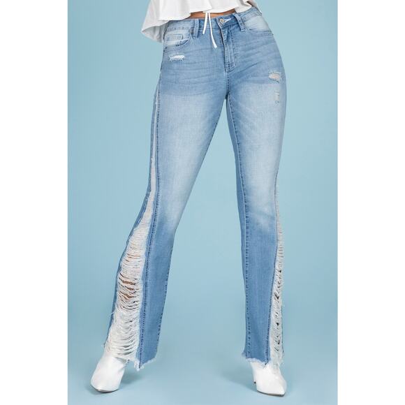 YMI‎ Jeans Womens Size 11/30 Blue Denim High Rise Flare Side Destruction NEW - Picture 1 of 14